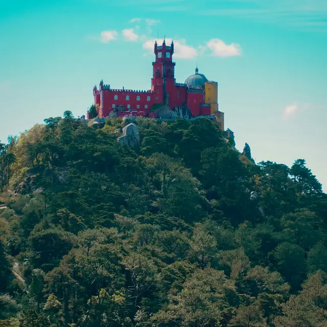 Pena Palace seen from the forest path below the walls